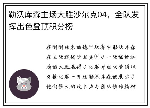 勒沃库森主场大胜沙尔克04，全队发挥出色登顶积分榜